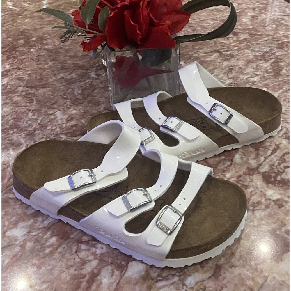 New Birki's by Birkenstock Ivory Patent Leather Three Strap Sandals 37 /US L6‎